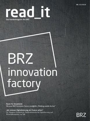 read_it 1/2018, @BRZ/Robert Six Cover des Kundenmagazins, schieferfarben mit Logo der Innovation Factory