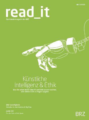 Cover-read_it-02-2020, @BRZ Cover des Kundenmagazins Ausgabe 02-2020 grün mit Roboterhand